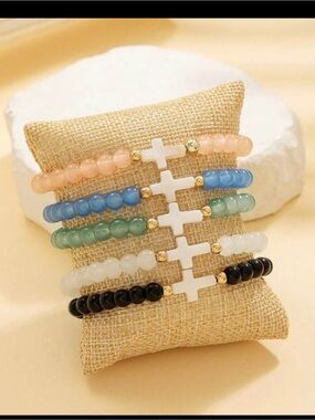 Beaded Cross Stretch Bracelet - Multi Color Set